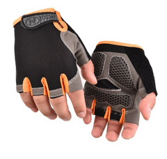 Orange-accent half-finger cycling gloves with black fabric and textured palm grip