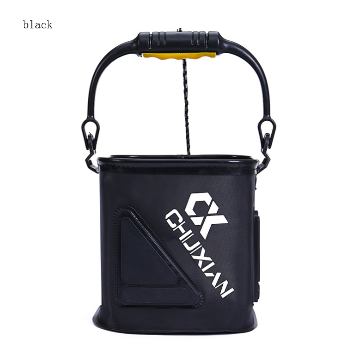 Black collapsible fishing water bucket with carry handles and front logo panel