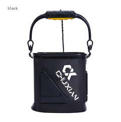 Black collapsible fishing water bucket with carry handles and front logo panel