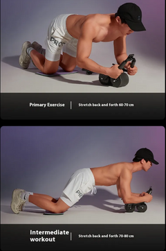 Person using automatic rebound ab wheel roller on the floor for an ab stretch