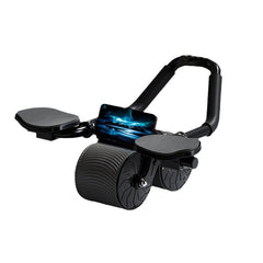 Black ab wheel roller with blue-accent resistance wheel and dual foot pads