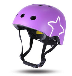 Purple toddler safety helmet with star graphic, vents, and black chin straps