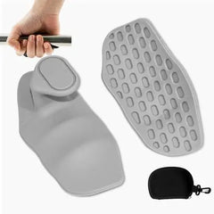 Gray spring hand trainer with textured finger pad, oval base, and zipped pouch