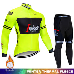 Men's cycling thermal fleece jersey and bib shorts set, neon green/black long sleeve