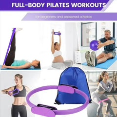 Purple-blue pilates ring with resistance straps, exercise ball, and carry bag
