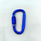Blue thickened D-shaped locking carabiner with stamped warning text