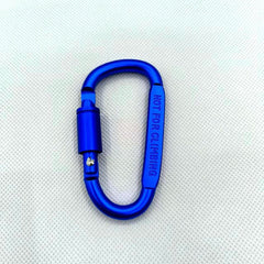 Blue thickened D-shaped locking carabiner with stamped warning text