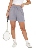 Women's high-waisted gym and yoga shorts, back view