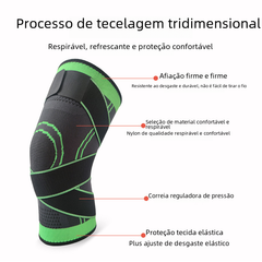 Black knee pad with green trim, contoured padding and elastic support band