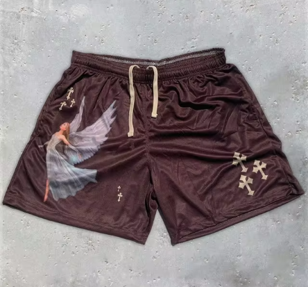 Y2K angel cross print athletic shorts, flat lay