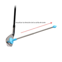 Golf swing indicator tool with blue guide pegs and metal rod, clubhead base