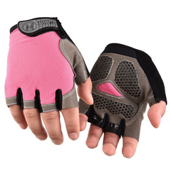 Pink half-finger cycling gloves with black finger tabs and gray palm cushioning