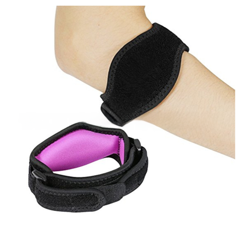 Adjustable sports elbow brace with black strap and purple EVA padding