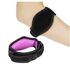 Adjustable sports elbow brace with black strap and purple EVA padding