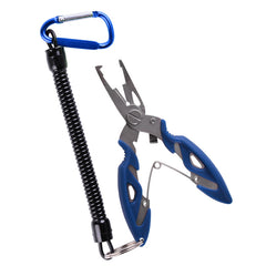 Fishing hook remover pliers with black spring belt and blue loop clip, dark grips