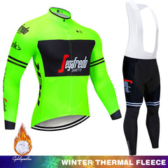 High-visibility neon green long-sleeve cycling thermal fleece jersey with bib tights