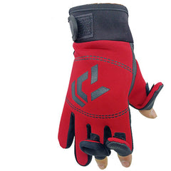 Three-finger fishing gloves, red and black with blue grip logo
