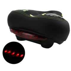 Black bike saddle with neon green stitching and red rear light