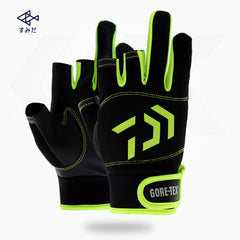 Three-finger fishing gloves, black with neon green trim and GORE-TEX wrist patch