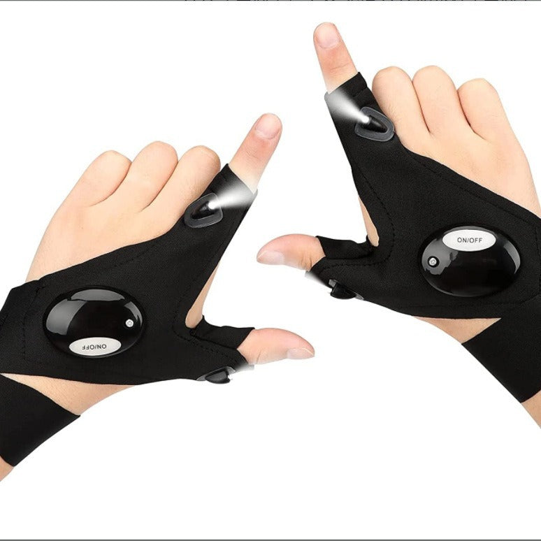 Black LED flashlight gloves shown on two open hands with palm lighting modules