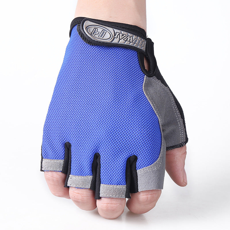 Blue winter half-finger cycling gloves with black wrist strap and gray anti-slip palm