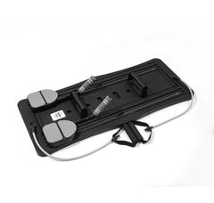 Black compact Pilates sliding board with gray foot pads and rope strap handles