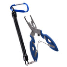 Fishing hook remover pliers with black spring belt and blue loop clip, blue grips