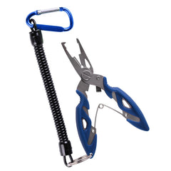 Fishing hook remover pliers with black spring belt and blue loop clip, blue grips