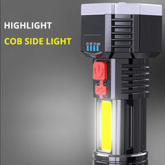Compact flashlight with red switch, vertical yellow light bar, and side LEDs