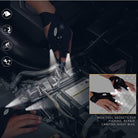 Black LED flashlight glove with wrist control, shown in use with small inset