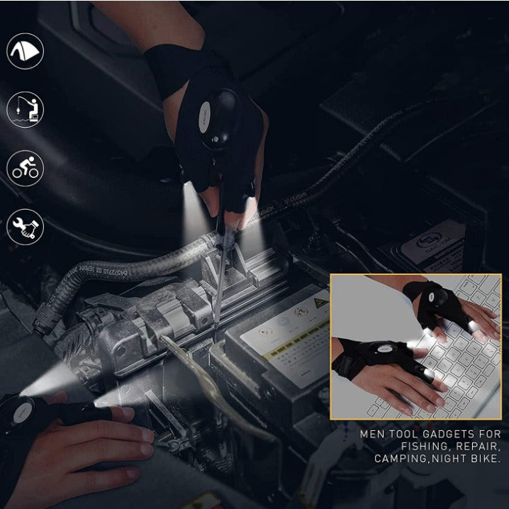 Black LED flashlight glove with wrist control, shown in use with small inset