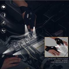 Black LED flashlight glove with wrist control, shown in use with small inset