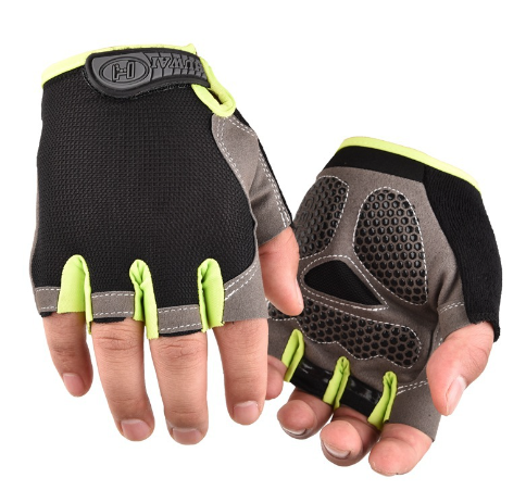 Black winter half-finger cycling gloves with neon green wrist strap and textured grip pads