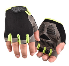 Black winter half-finger cycling gloves with neon green wrist strap and textured grip pads