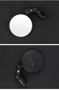 Black bike rearview mirror with circular back cover and clamp hardware