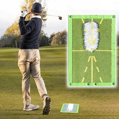 Green golf practice swing training mat with yellow target lines and arrows