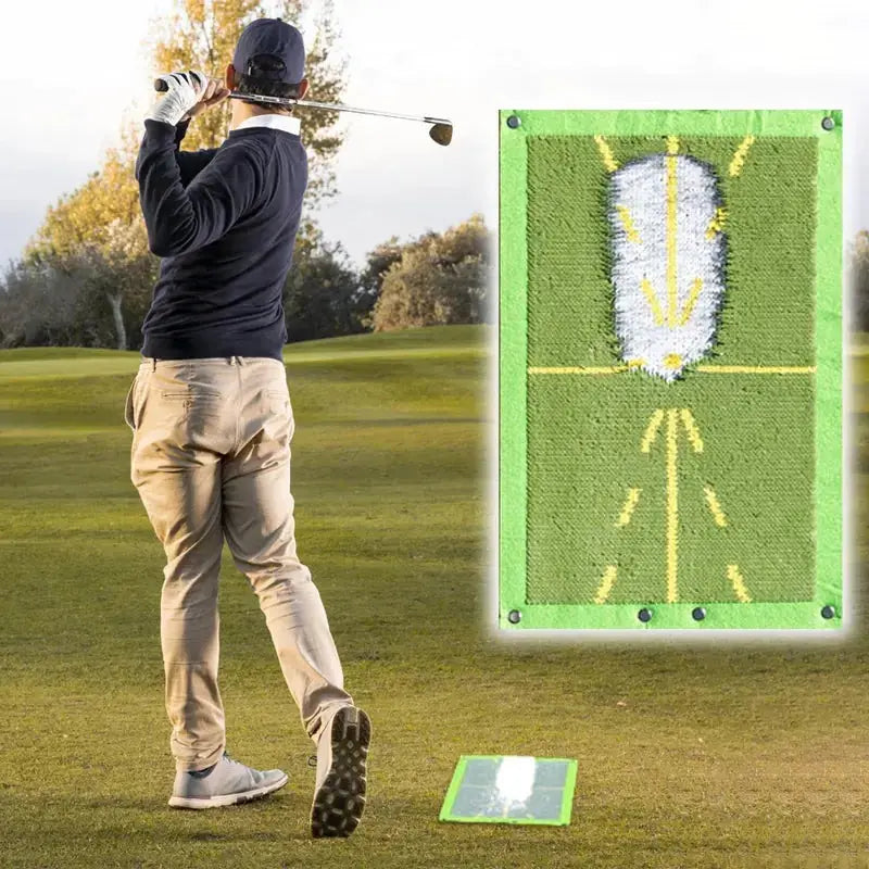 Green golf practice swing training mat with yellow target lines and arrows