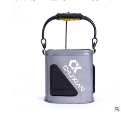 Gray collapsible fishing water bucket with carry handles and hanging cord, side logo