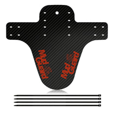 Carbon fiber mountain bike mudguard with red MXGuard lettering and mounting straps