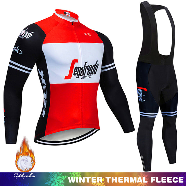 Men's cycling thermal fleece jersey and bib shorts set, red/white long sleeve