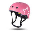 Pink toddler helmet front view with star graphic and black chin straps