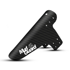 Carbon fiber mudguard with MXGuard logo and mounting holes, angled side view
