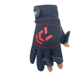 Three-finger fishing gloves in dark blue neoprene with red logo and stitched accents