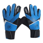 Kids blue goalkeeper gloves with black wrist straps and white inner palm, 90 patch detail
