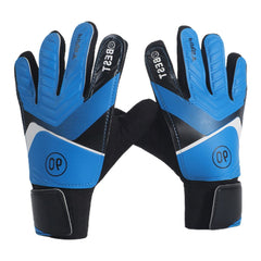 Kids blue goalkeeper gloves with black wrist straps and white inner palm, 90 patch detail
