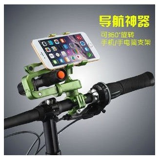 Green 360° bike phone holder with smartphone on handlebar clamp