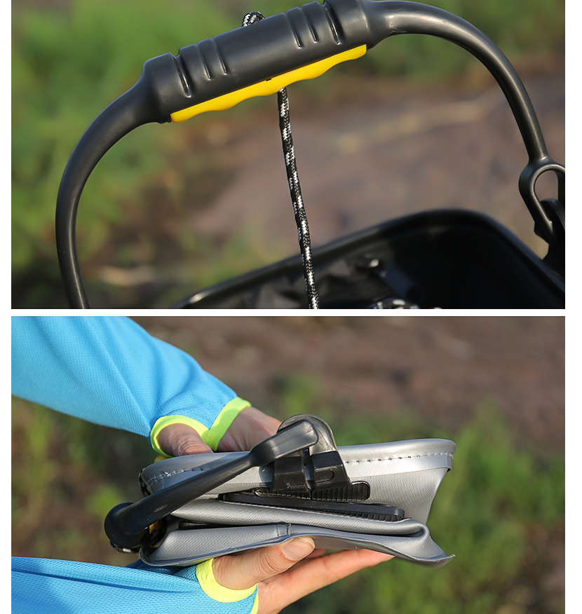 Black folding fishing water bucket with yellow handle grips and front latch detail