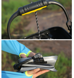 Black folding fishing water bucket with yellow handle grips and front latch detail