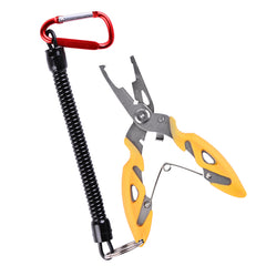Fishing hook remover pliers with black spring belt and red loop clip, yellow grips