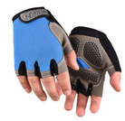 Blue and gray half-finger cycling gloves with textured palm grip panels